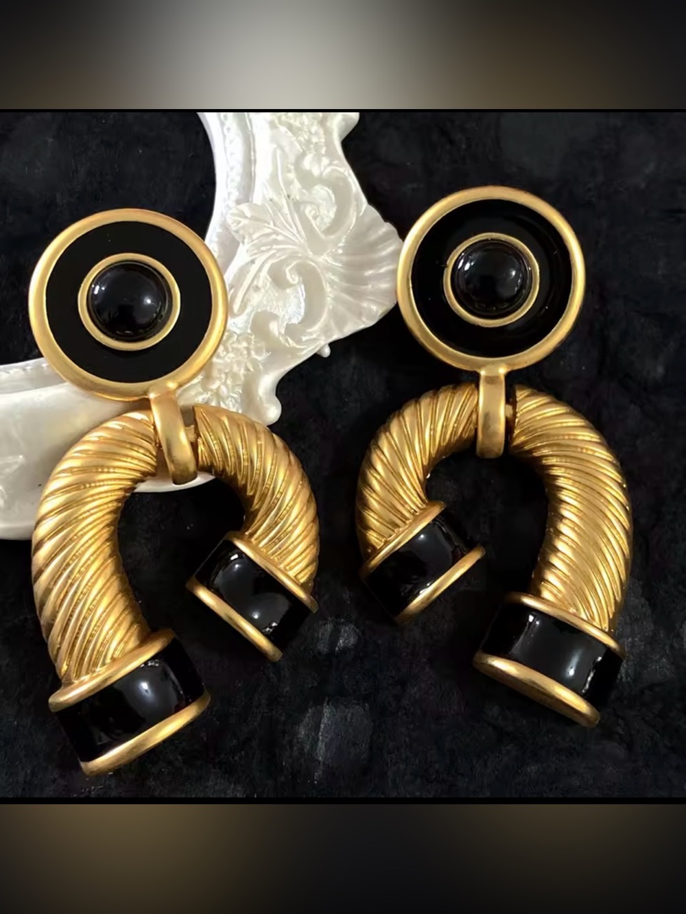 Gold and Black Statement Drop Earrings - Women Jewelry